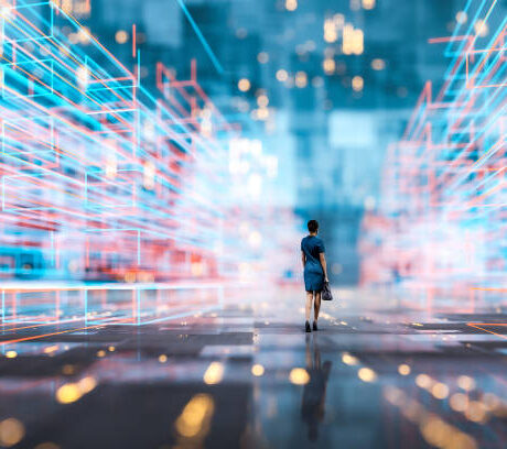 Futuristic city VR wire frame with businesswoman walking. 3D generated image.