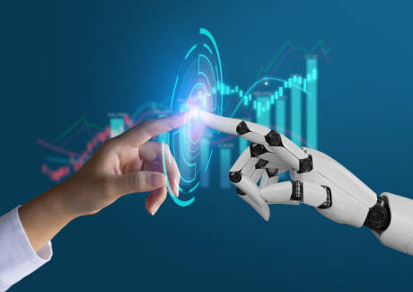 AI, Machine learning, robot hand ai artificial intelligence assistance human touching on big data network connection background, Science artificial intelligence technology, innovation and futuristic.
